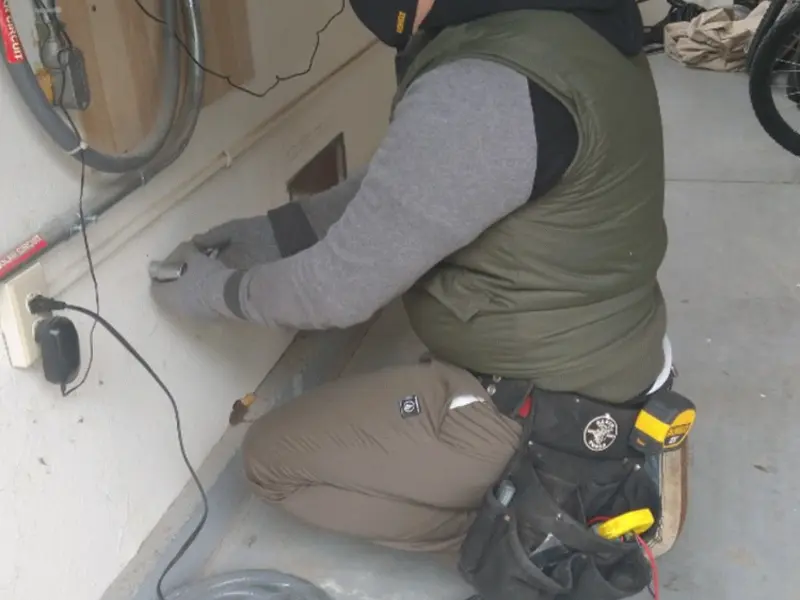 Electrician performing outlet wiring in a Texarkana garage